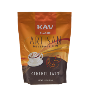 A stand-up pouch of KÄV Classic Artisan Beverage Mix in Caramel Latte flavor, featuring a graphic of a latte with latte art and swirls on a brown and orange background.