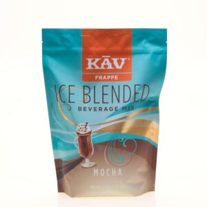 A turquoise and brown 3lb bag of Ice Blended Chocolate Fudge Mocha, featuring an image of a whipped cream-topped mocha frappe on the front.