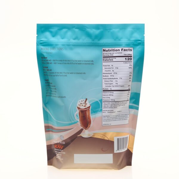 A 3lb Ice Blended Chocolate Fudge Mocha mix in blue and brown packaging features nutrition facts and mixing instructions on the back, plus a central illustration of an iced whipped-cream mocha with a straw.