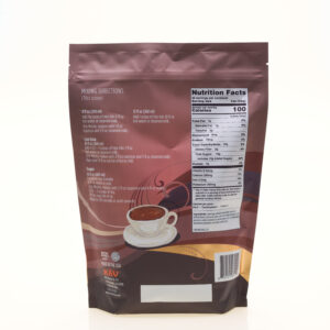 A Luxurious Belgian Dark Chocolate (3lb) package with mixing directions, nutrition facts, and an illustration of a cup on a saucer with a swirl design. The brown package features white and orange accents.