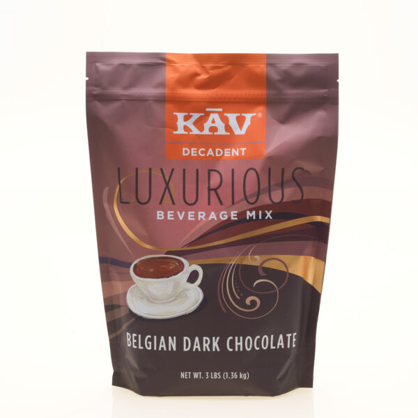 A 3lb bag of Luxurious Belgian Dark Chocolate beverage mix, featuring a decorative design and a cup of hot chocolate illustration on the front.