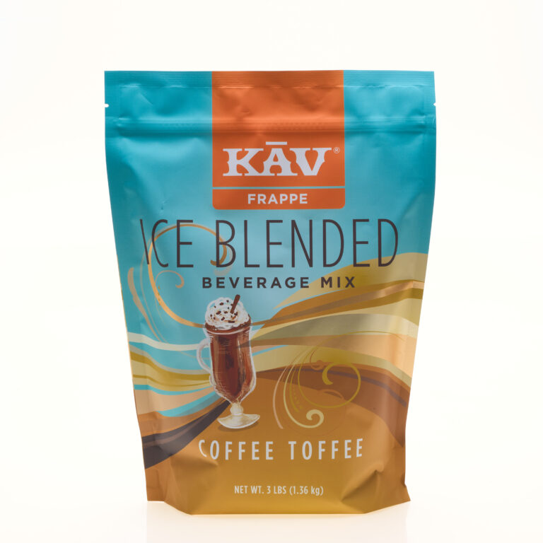 A 3lb bag of KAV Ice Blended Coffee Toffee features swirls of blue, tan, and brown and a glass of iced coffee with whipped cream on the packaging. Net weight: 3 lbs (1.36 kg).
