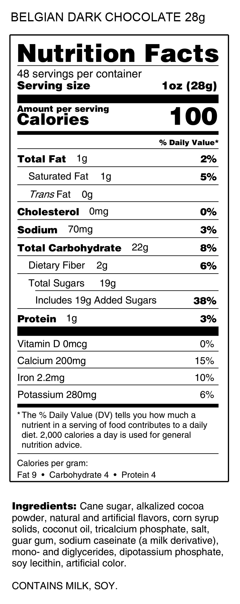 Nutrition Facts label for Luxurious Belgian Dark Chocolate (3lb), per 28g: 100 calories, fat, sodium, carbs, sugars, protein, vitamins, minerals; ingredients listed. Allergen info: contains milk and soy.