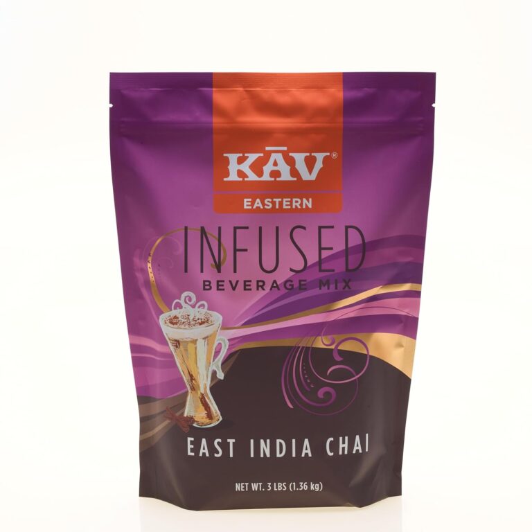 A 3lb pouch of "Infused Eastern India Chai" features purple and orange packaging with gold swirls, a glass of chai image, and the product name on the label.